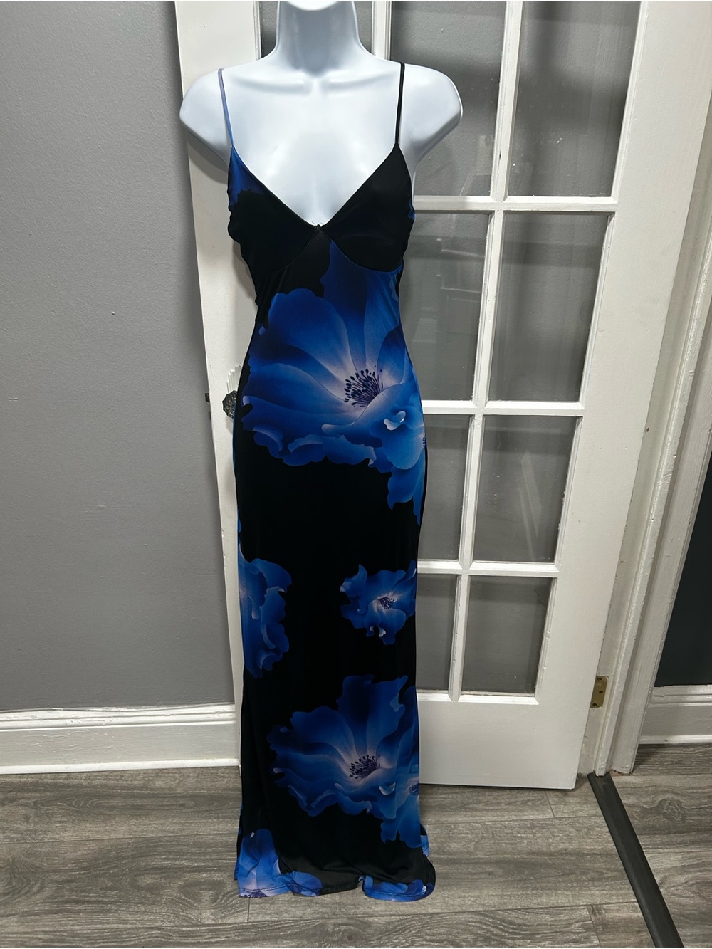 Windsor Black Maxi Slip Dress with Blue Floral Print